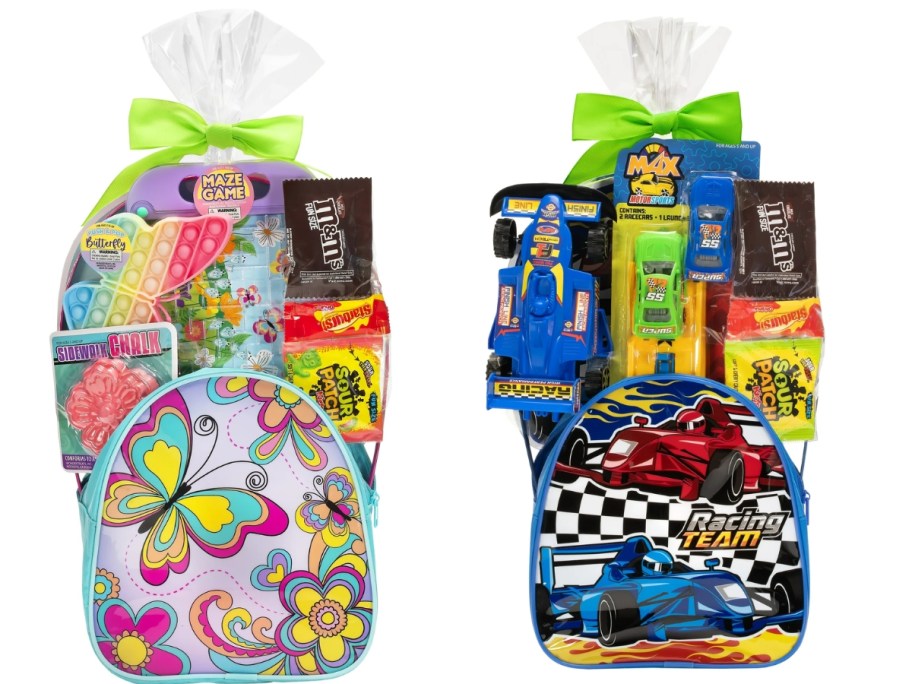 an Easter basket with a butterfly backpack and toys and candy, and one with a race car backpack and toys and candy