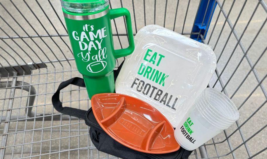 a selection of gameday dollar shop items in a walmart cart