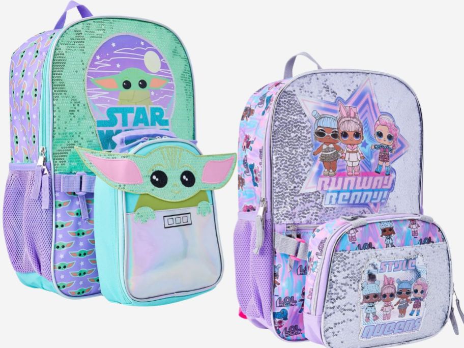 Star Wars Grogu and LOL Surprise girls backpack and lunch bag sets