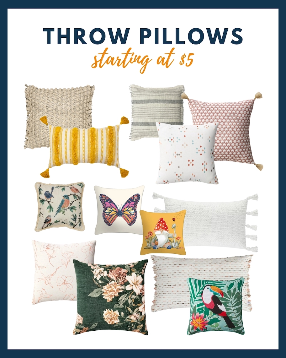 collage graphic of various throw pillows starting at five dollars