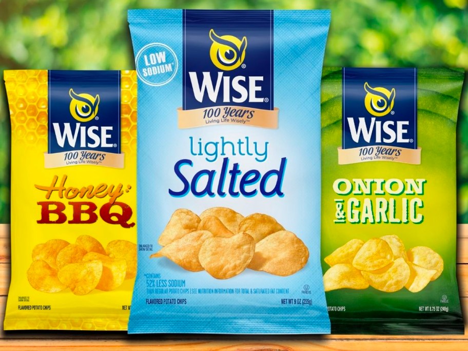 honey bbq, lightly salted, and onion and garlic wise chip bags on table