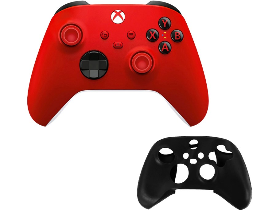 red xbox wireless controller and black sleeve 