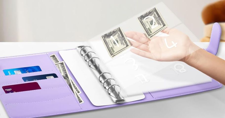 hand holding up an insert page from a 100 envelopes money saving challenge binder