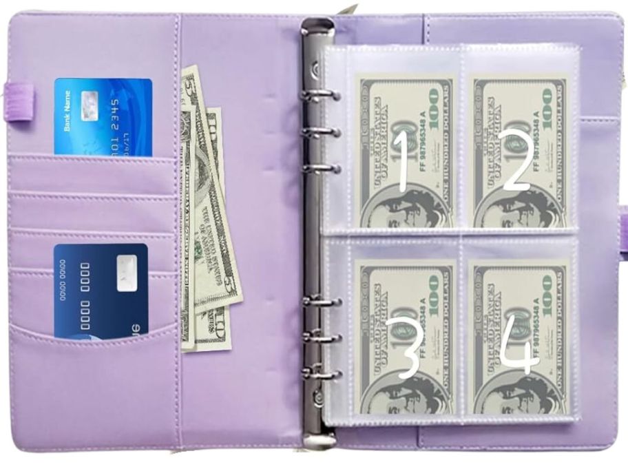 money saving envelope challenge binder shown with money in the insert pockets