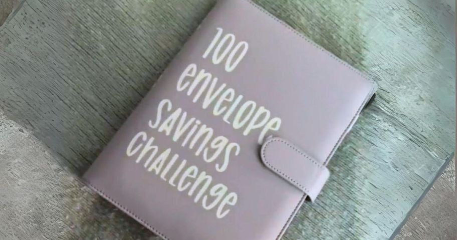 light purple 100 envelopes savings challenge binder laying on table