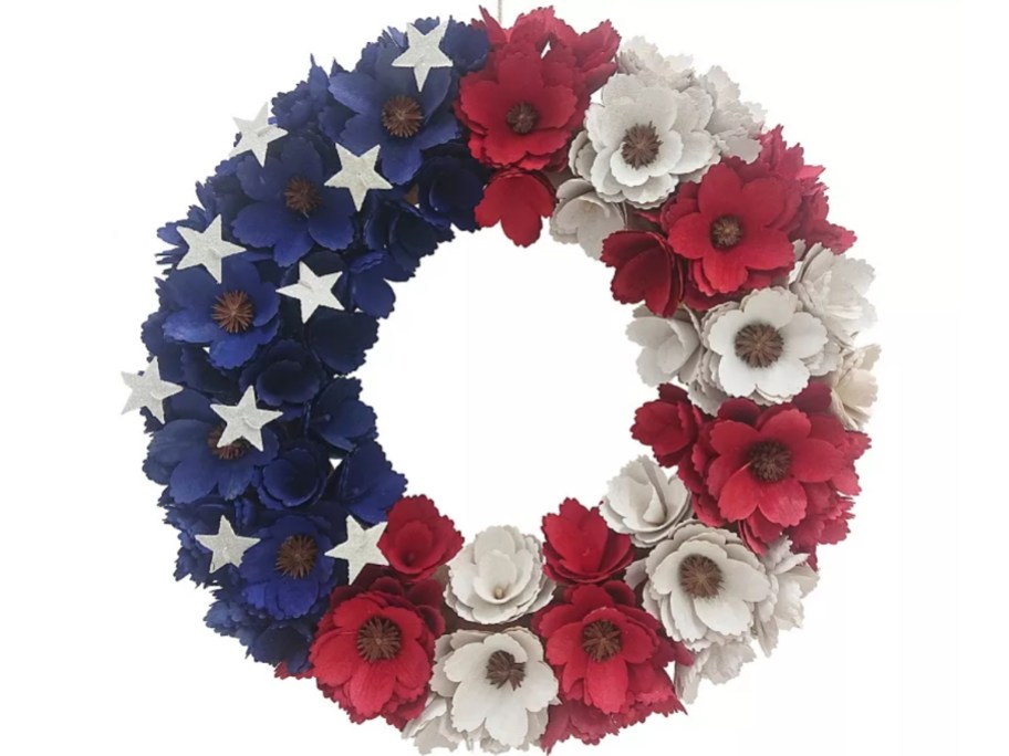 wood curl flower red, white, blue, American flag look wreath