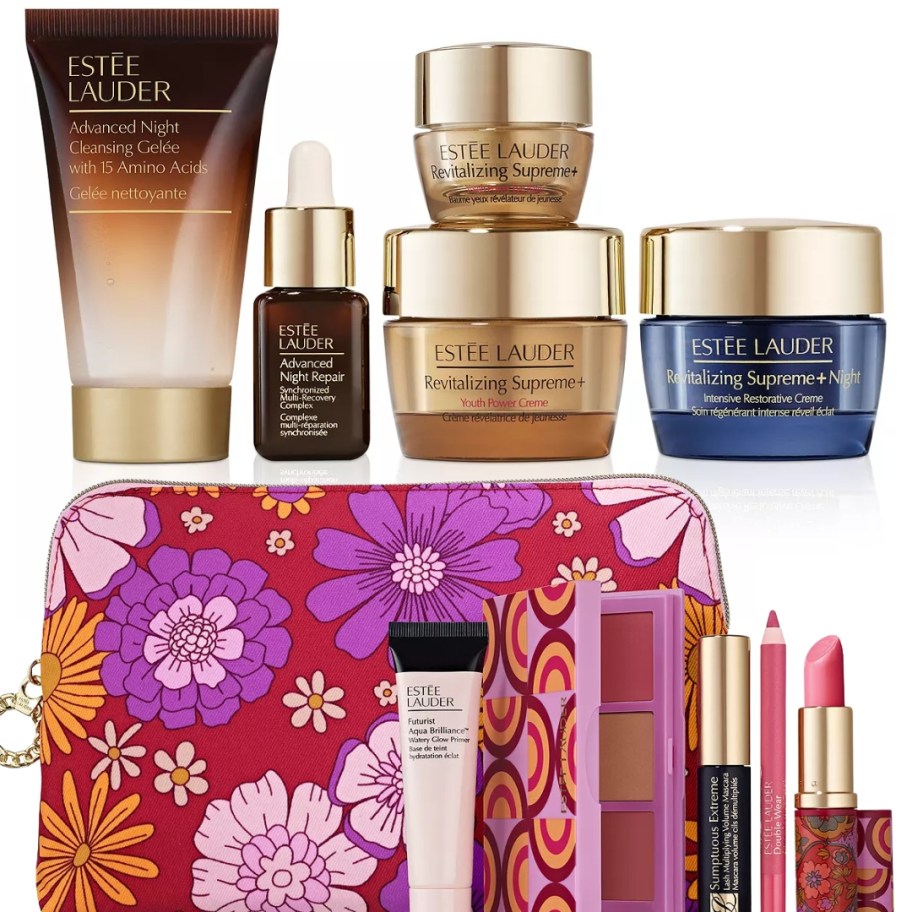 a 5 pc set of Estee Lauder skincare and a a red purple and pink floral cosmetic bag with Estee Lauder makeup items in front of it