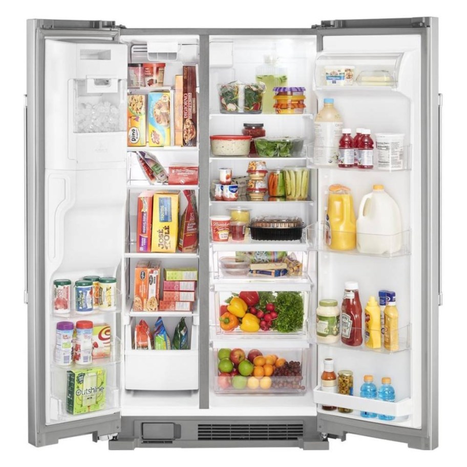maytag stainless steel side by side fridge open showing food inside and all the shelves and bins