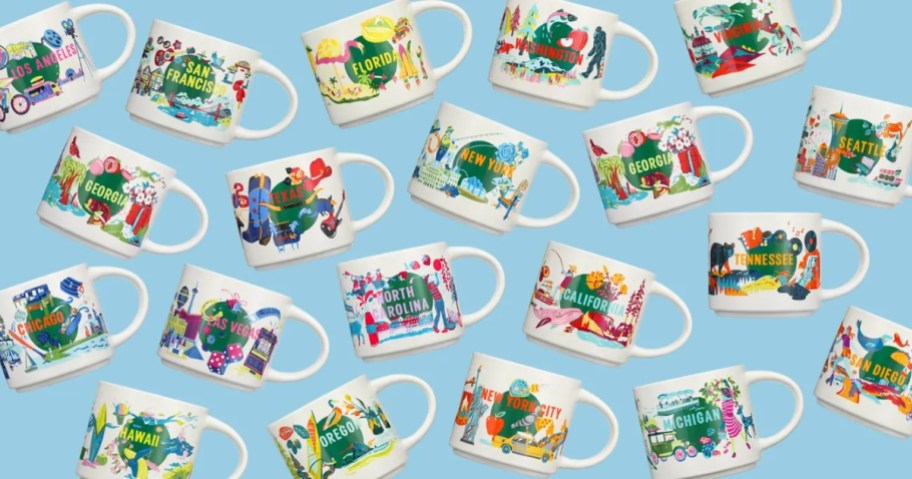 various starbucks discovery mugs with states on them