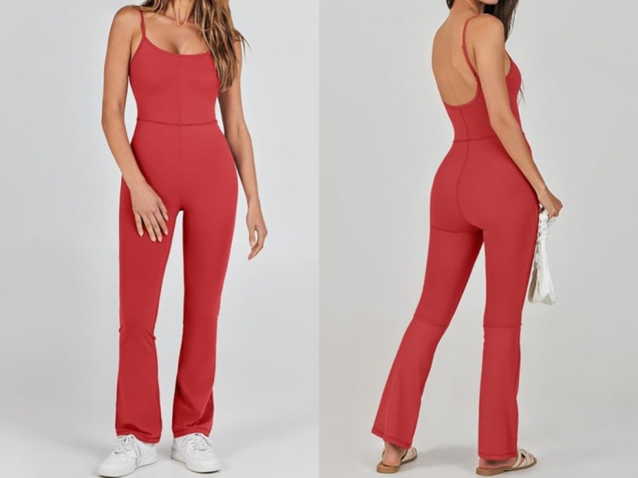 woman showing front and back of a sleeveless jumpsuit romper