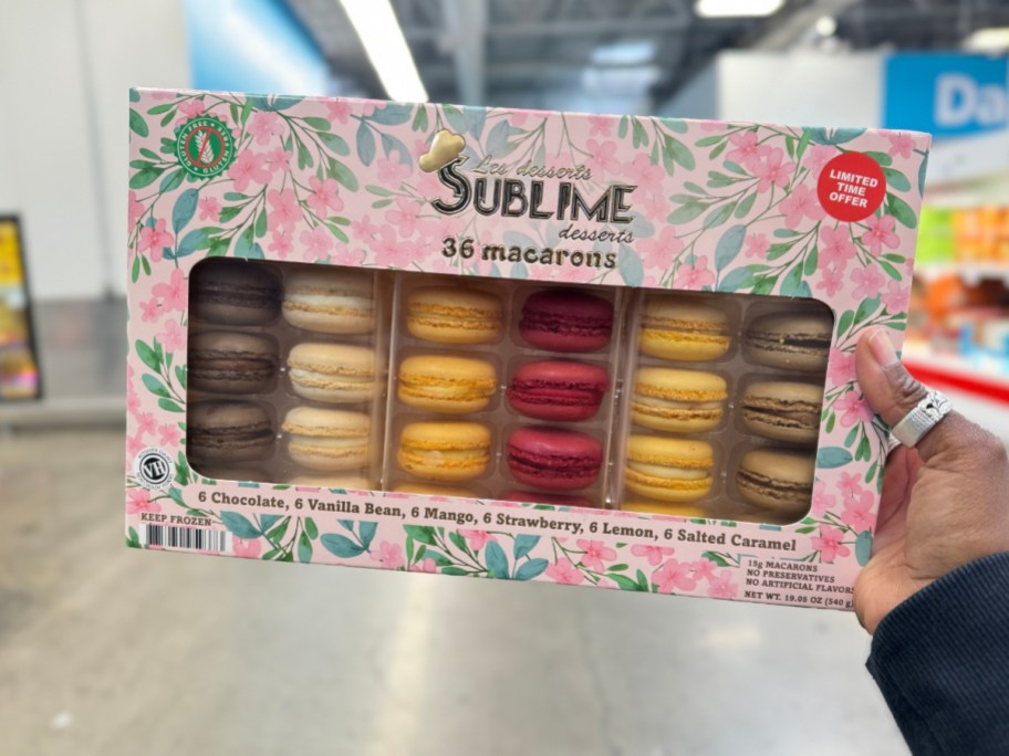 hand holding a box of Sublime French Style Macaroons in Sam's Club