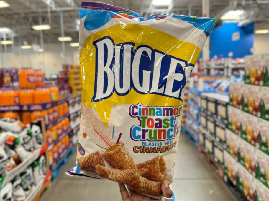 hand holding a bag of cinnamon toast crunch Bugles