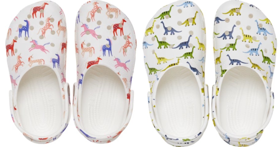 Kid's white crocs clogs 1 with Unicorns, 1 with Dinosaurs