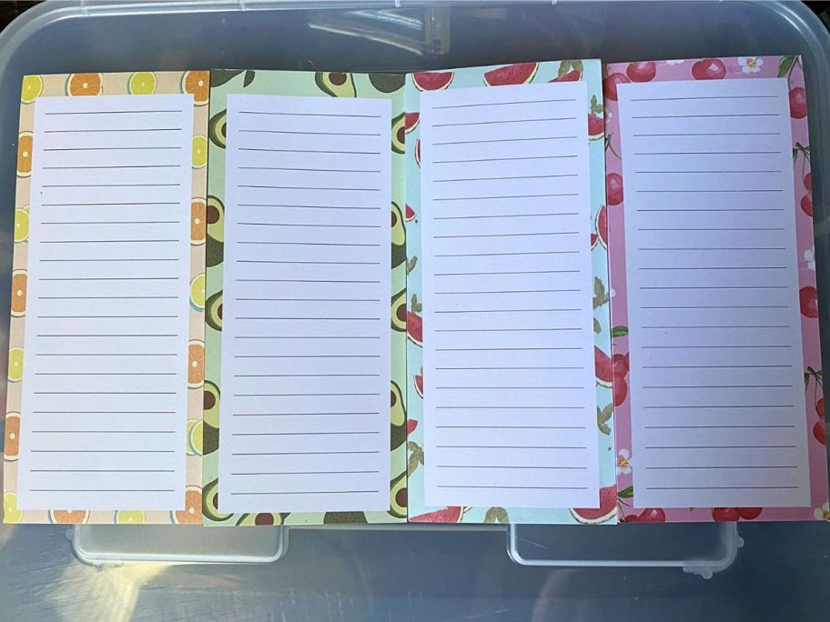 4 different shopping list style magnetic notepads with fruit borders laid out on container