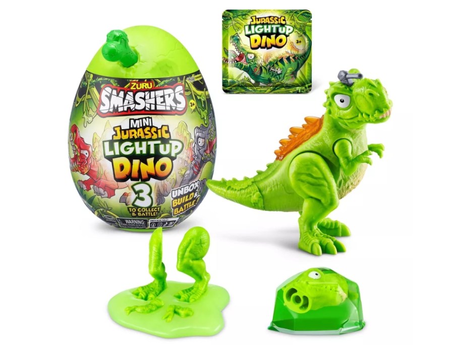  Smashers Jurassic Light-Up Dino Surprise Egg Mini Figure Set with green dinosaur and accessories