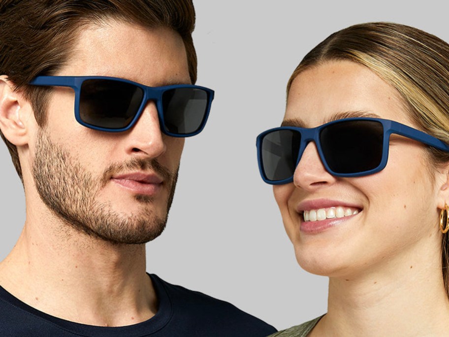 man and women wearing blue square sunglasses