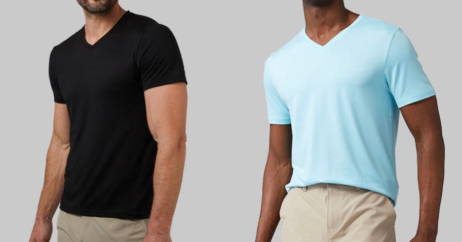 two men wearing black and blue tees