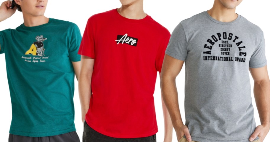 3 men wearing different color Aeropostale graphic T-Shirts
