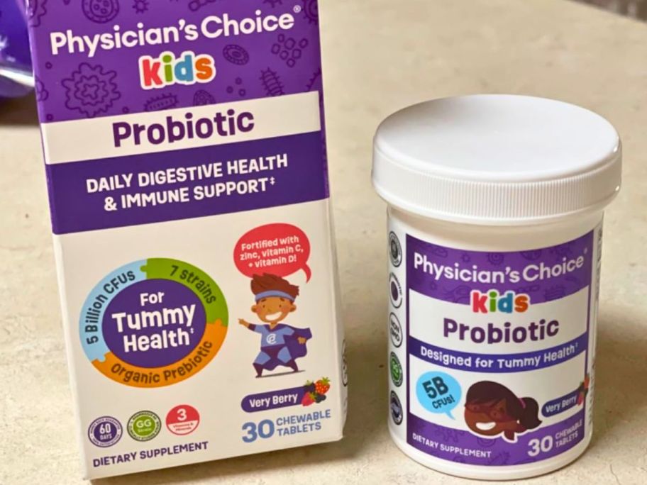 box and bottle of Physician's Choice Probiotics for Kids sitting on counter