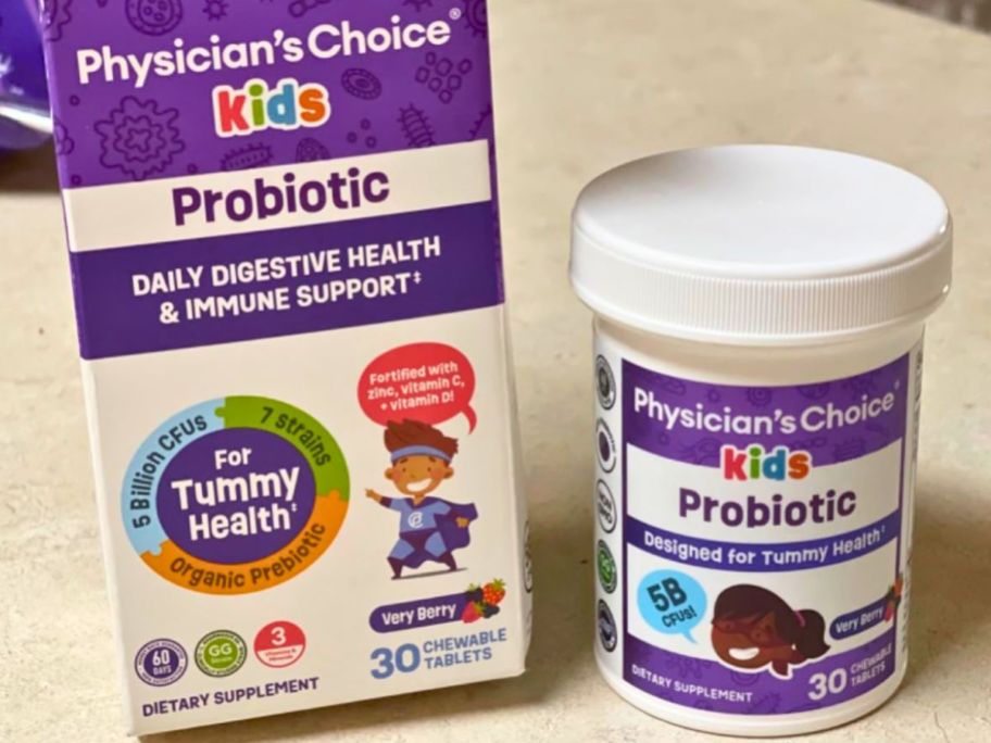 box and bottle of Physician's Choice Probiotics for Kids sitting on counter