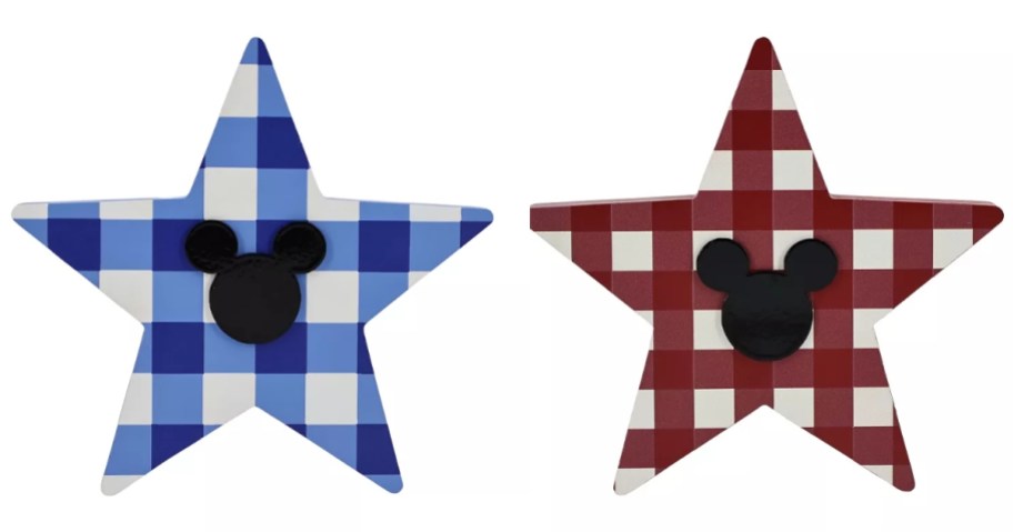 gingham blue and red stars with Mickey Mouse head on them