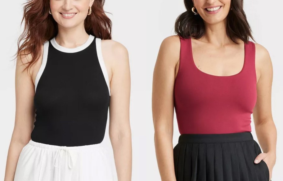 A New Day Women's Slim Fit Ribbed High Neck Tank Top and Slim Fit Seamless Tank Top being worn by models