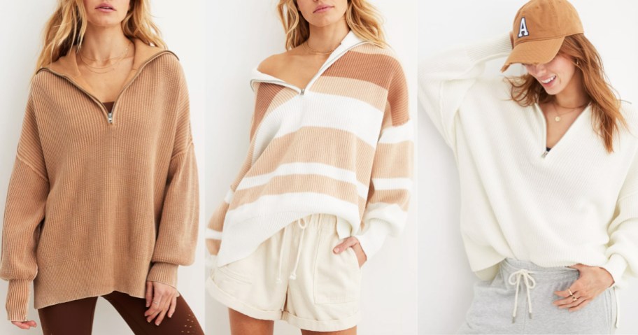 three women in brown, white and brown/white striped half zip sweaters
