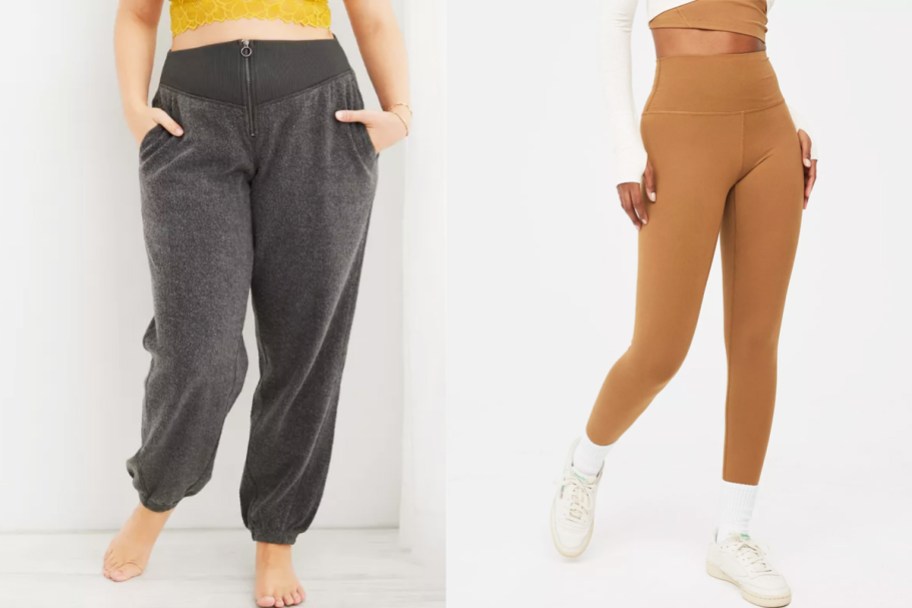 woman in grey joggers and woman in brown leggings