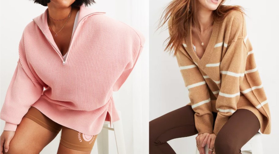 women in pink half-zip and brown/shite striped sweaters