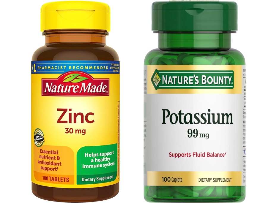 bottles of Nature Made Zinc and Nature's Bounty Potassium supplements