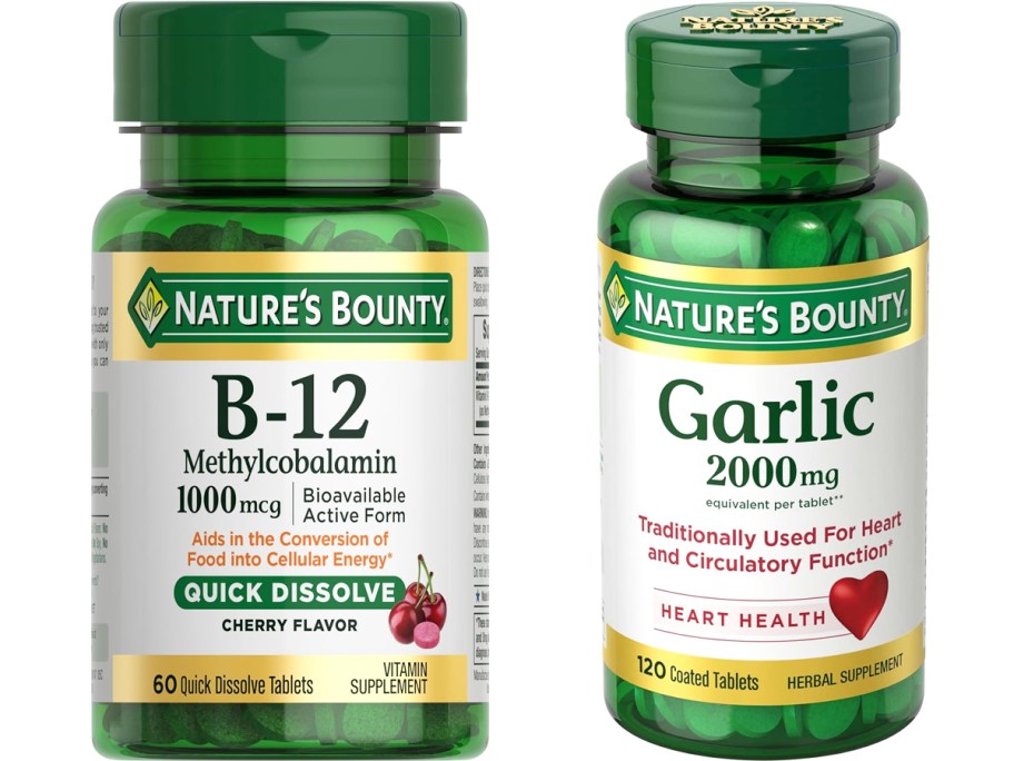 green bottles of Nature's Bounty Vitamin B12 and Garlic supplements