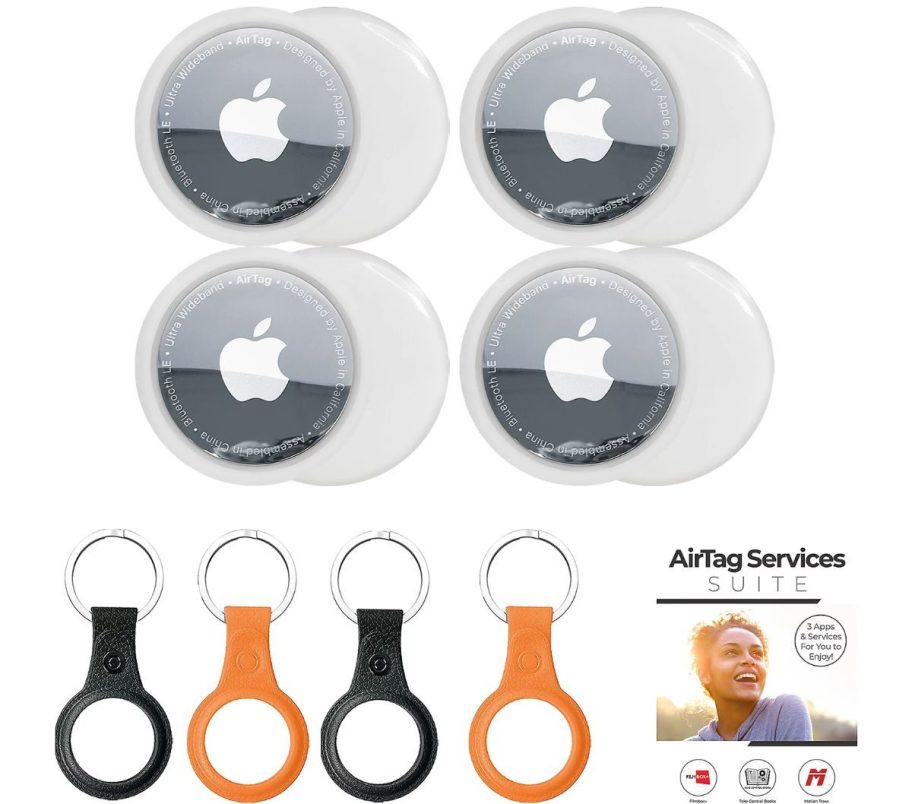 4 apple air tags shown with 4 key chains on a white background