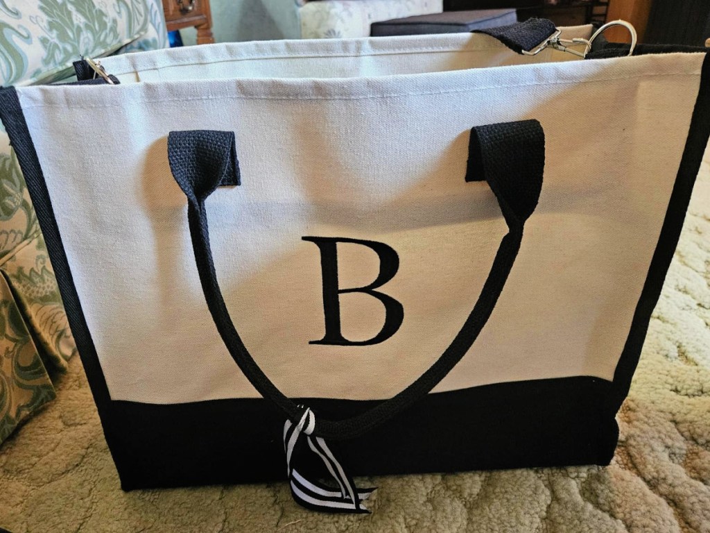 black and white B Initial Tote Bag