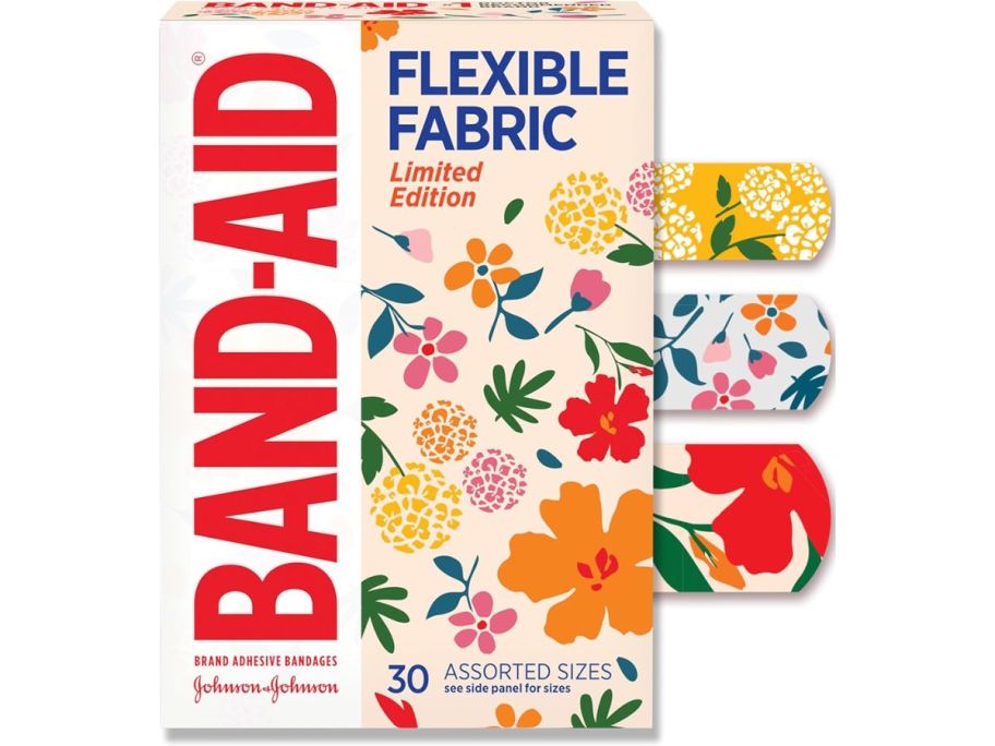 A box of Band-Aid Flexible Fabric Wild Flowers 30 Count