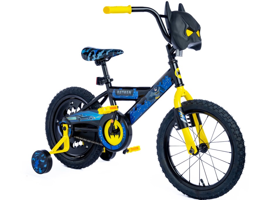 black, blue, and yellow batman bike