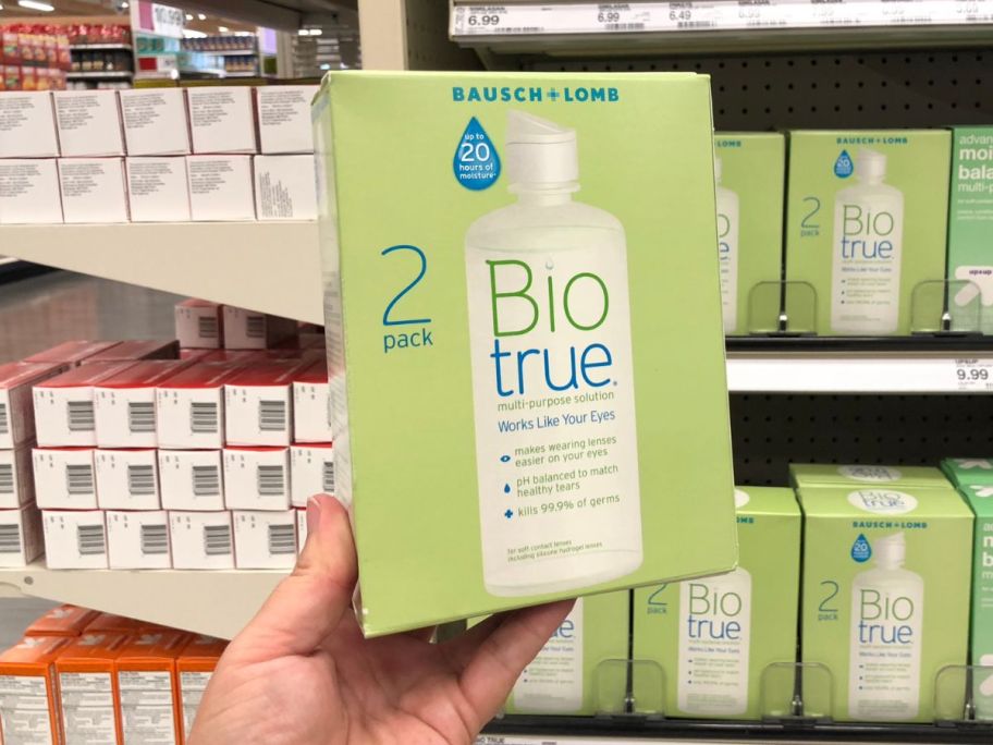 Bausch + Lomb Biotrue Multi-Purpose Solution 10oz 2-Pack being held by hand in store