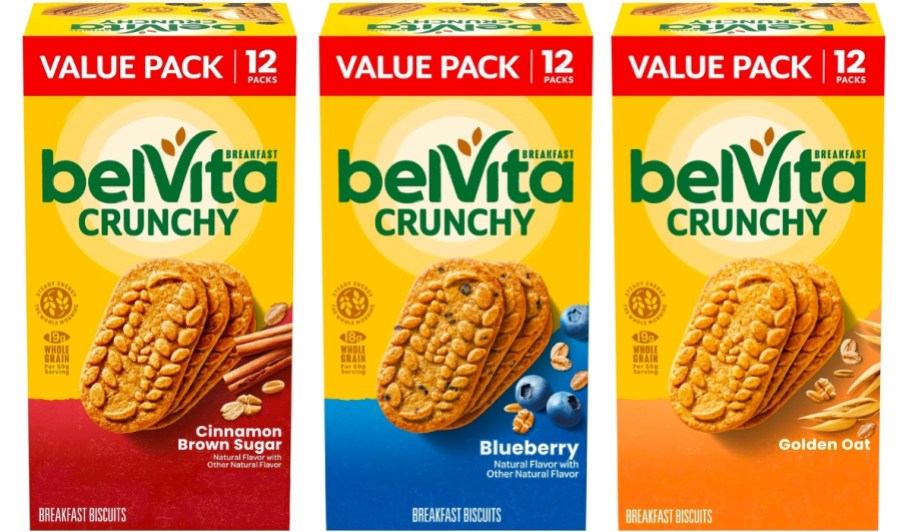 belvita cinnamon brown sugar, blueberry, and golden oats biscuit boxes