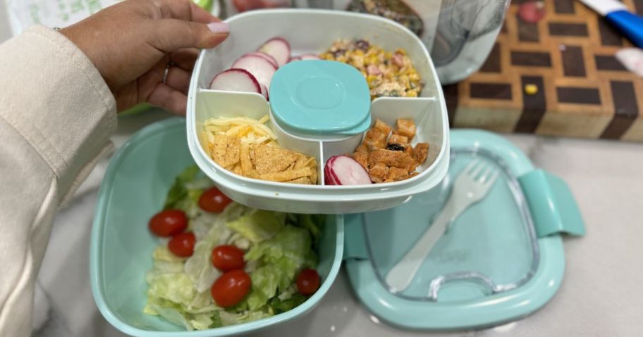 A Bentgo Salad Container with all of the different parts separated