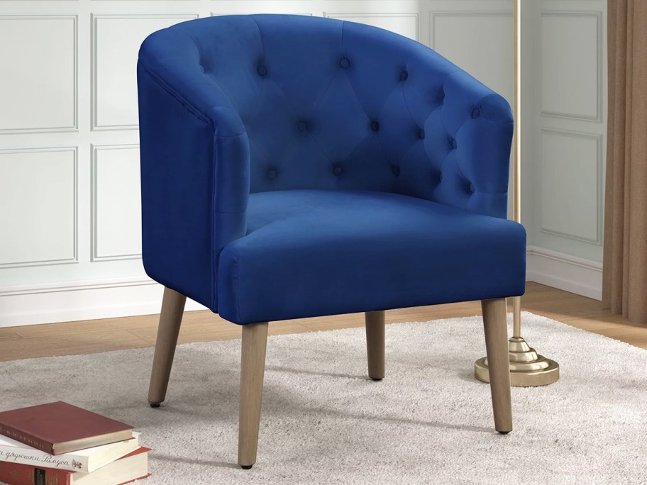 blue upholstered barrel accent chair