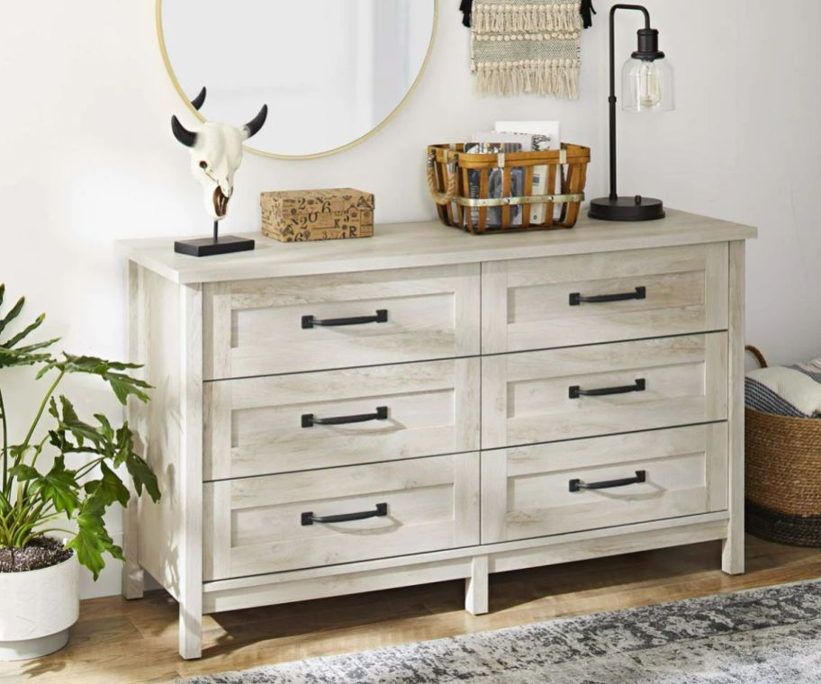 a white-washed 6 drawer farmhouse dresser