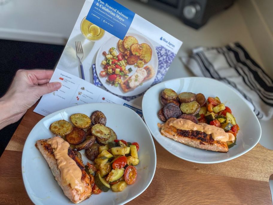 A plate with 2 salmon meals made with a blue apron meal kit