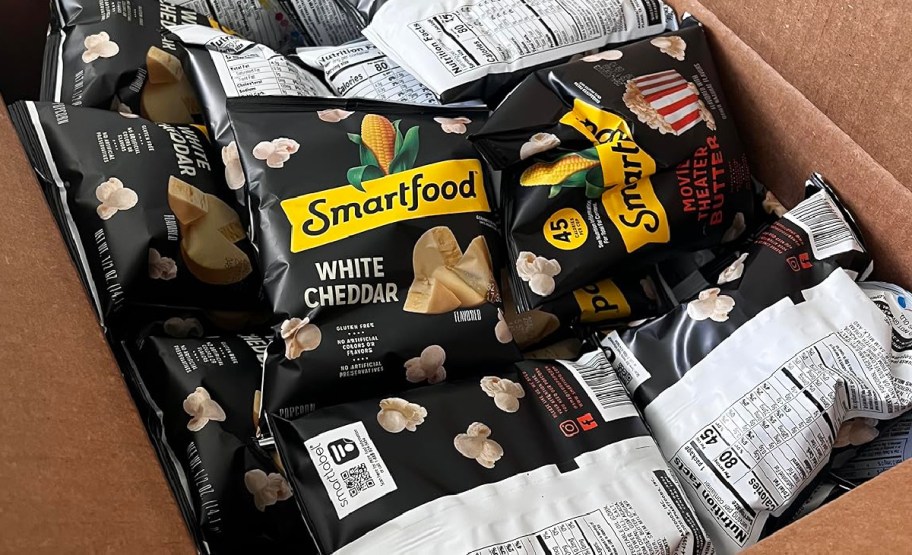 Box filled with smartfood popcorn bags