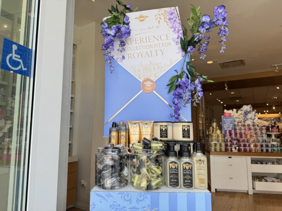 bridgerton bath and body works collection signage and products in store