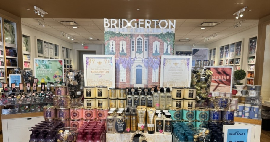 bridgerton bath and body works collection signage and products in store