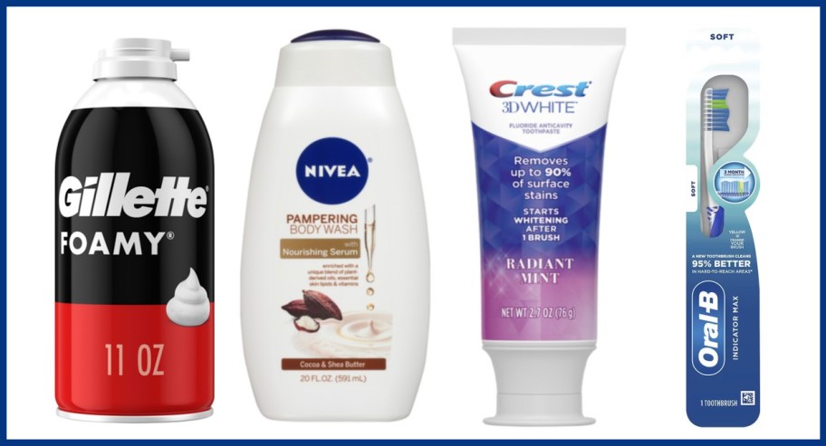 shave cream, body wash and oral care products