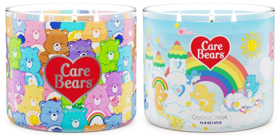 two large 3-wick carebears candles