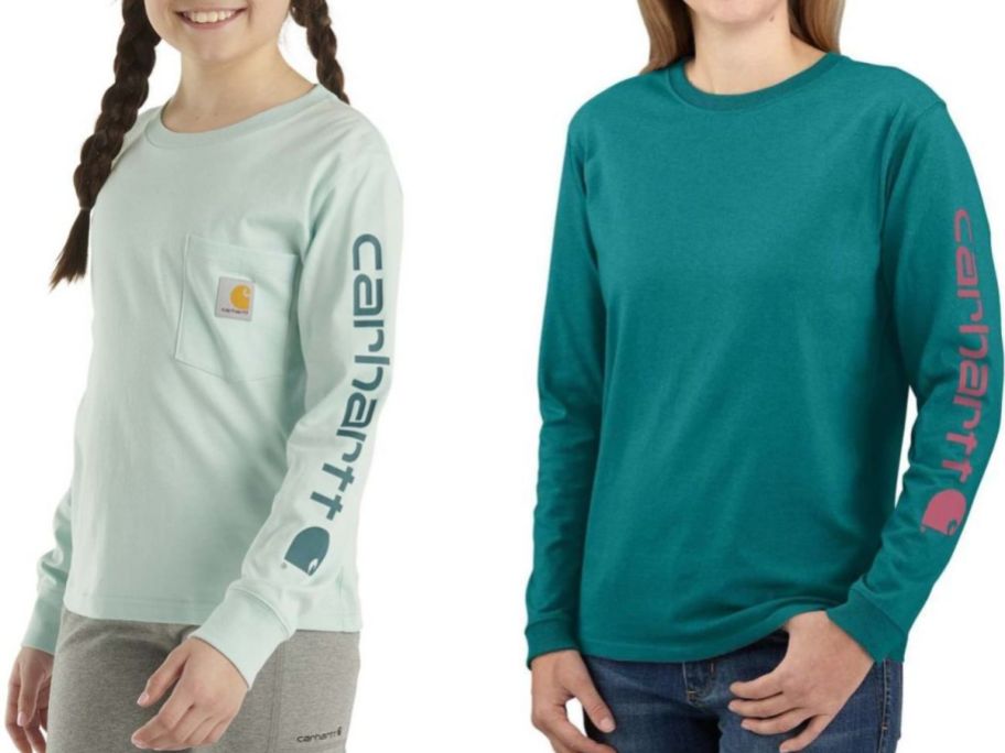 Stock image of a girl and a woman wearing Carhartt long sleeve t-shirts