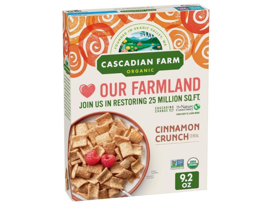 A box of Cascadian Farm Organic Cinnamon Crunch Cereal