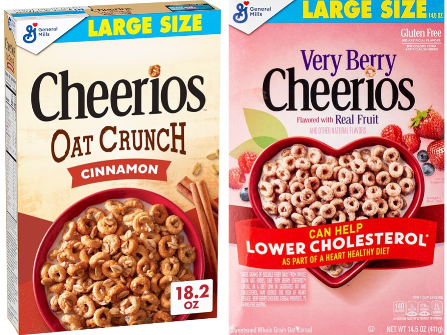 boxes of Cheerios Oat Crunch Cinnamon and Very Berry cereals