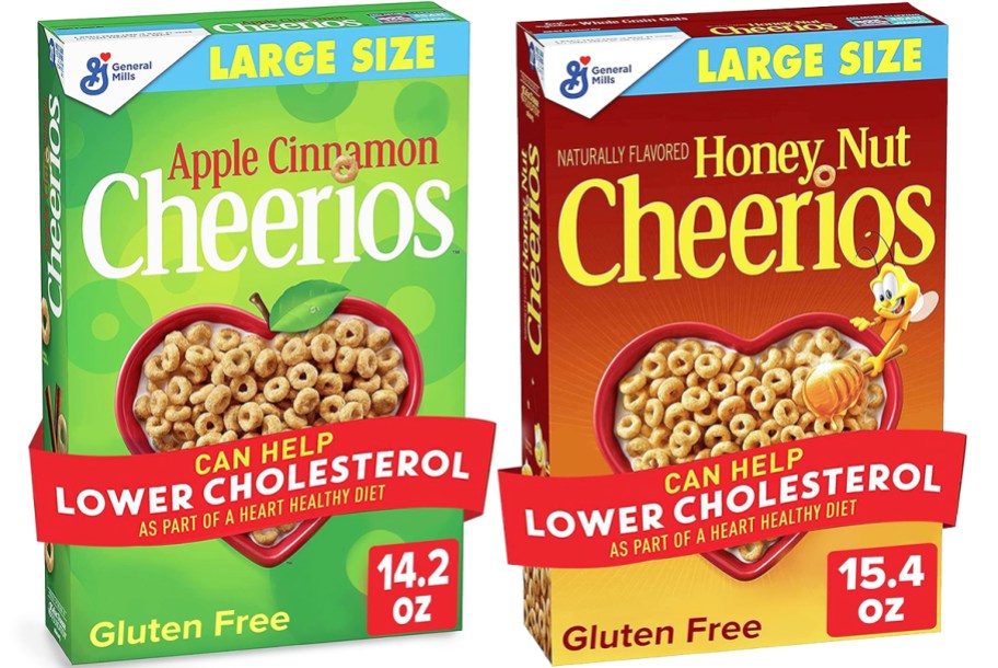 two boxes of cheerios in apple cinnamon and honey nut flavors